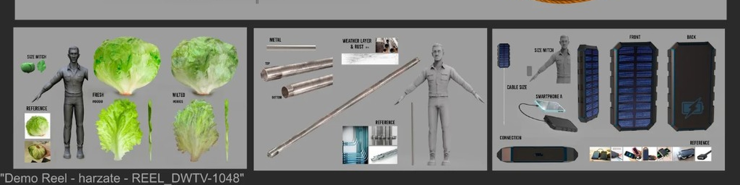 Prop design sheet — lettuce, weathered pipe, solar charger, and storage containers